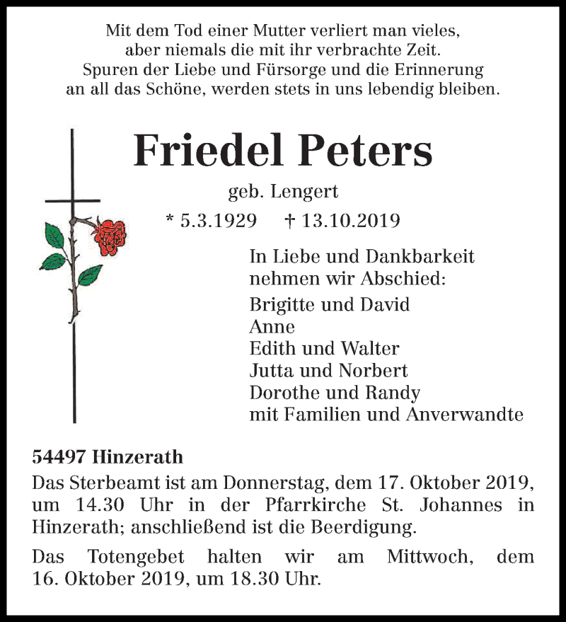  Traueranzeige für Friedel Peters vom 15.10.2019 aus trierischer_volksfreund