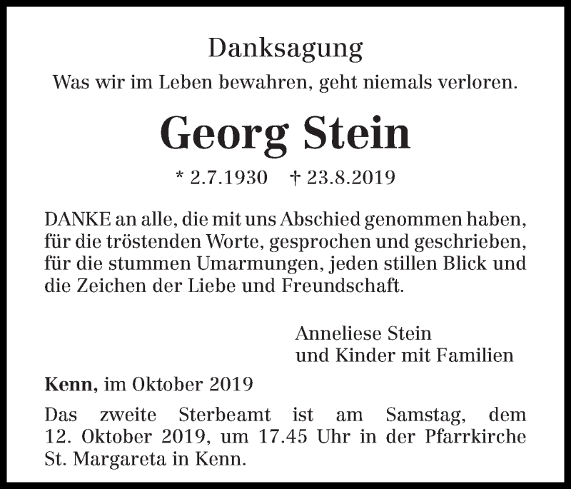  Traueranzeige für Georg Stein vom 09.10.2019 aus trierischer_volksfreund