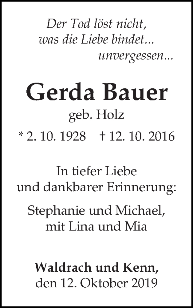  Traueranzeige für Gerda Bauer vom 12.10.2019 aus trierischer_volksfreund