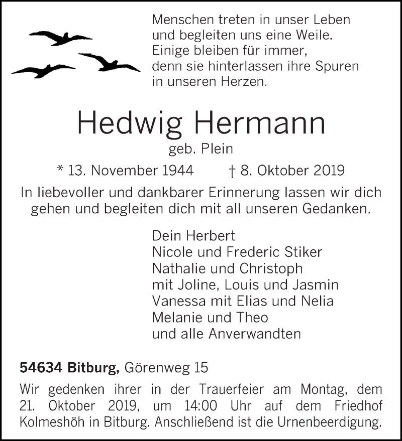  Traueranzeige für Hedwig Hermann vom 12.10.2019 aus trierischer_volksfreund