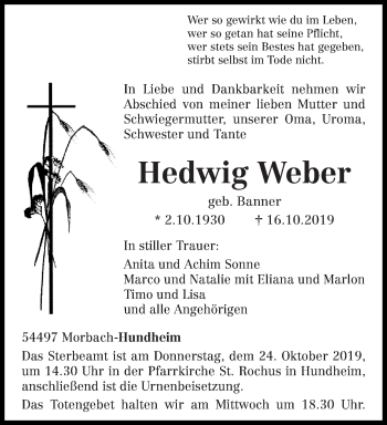 Traueranzeige von Hedwig Weber von trierischer_volksfreund