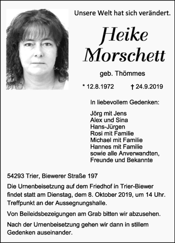 Traueranzeige von Heike Morschett von trierischer_volksfreund