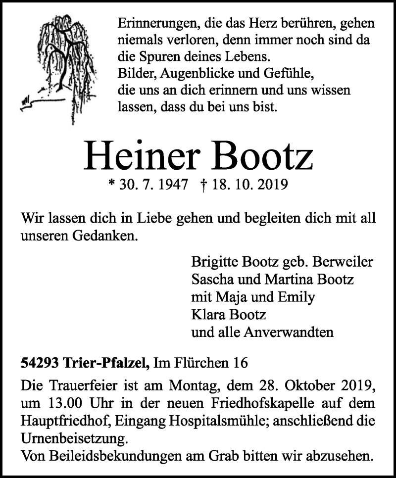  Traueranzeige für Heiner Bootz vom 23.10.2019 aus trierischer_volksfreund