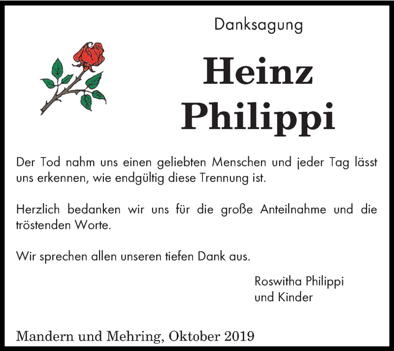  Traueranzeige für Heinz Philippi vom 19.10.2019 aus trierischer_volksfreund