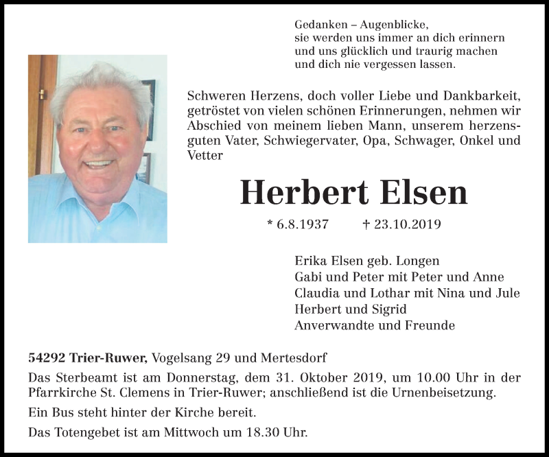 Traueranzeigen von Herbert Elsen | Volksfreund.Trauer.de