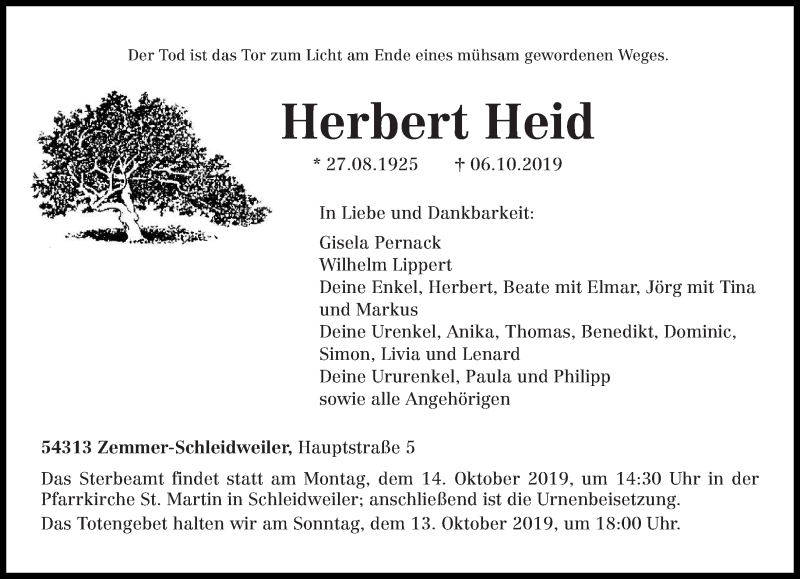  Traueranzeige für Herbert Heid vom 09.10.2019 aus trierischer_volksfreund