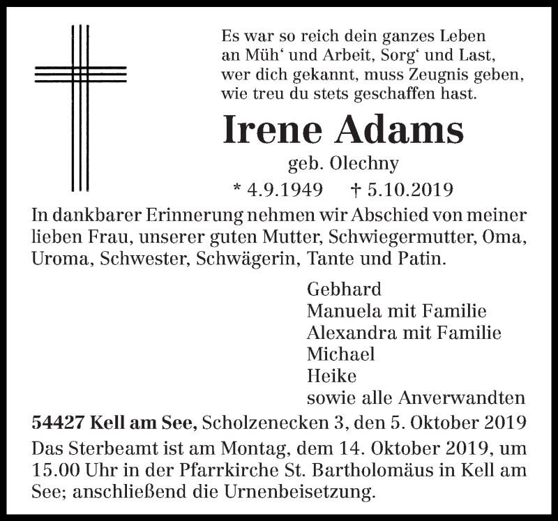  Traueranzeige für Irene Adams vom 11.10.2019 aus trierischer_volksfreund