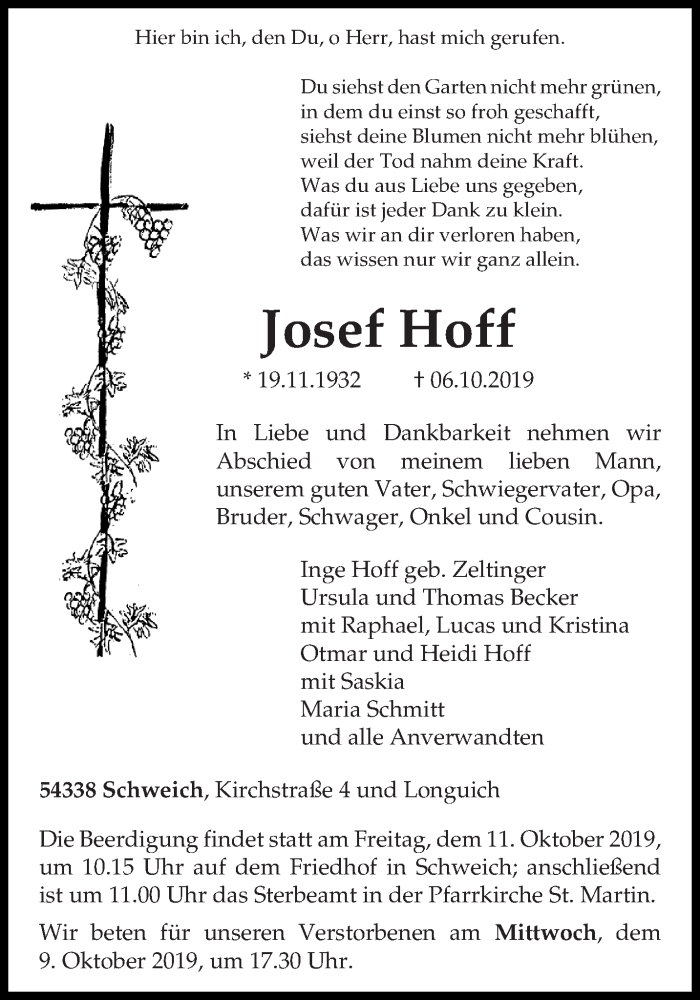  Traueranzeige für Josef Hoff vom 08.10.2019 aus trierischer_volksfreund