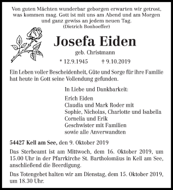Traueranzeige von Josefa Eiden von trierischer_volksfreund