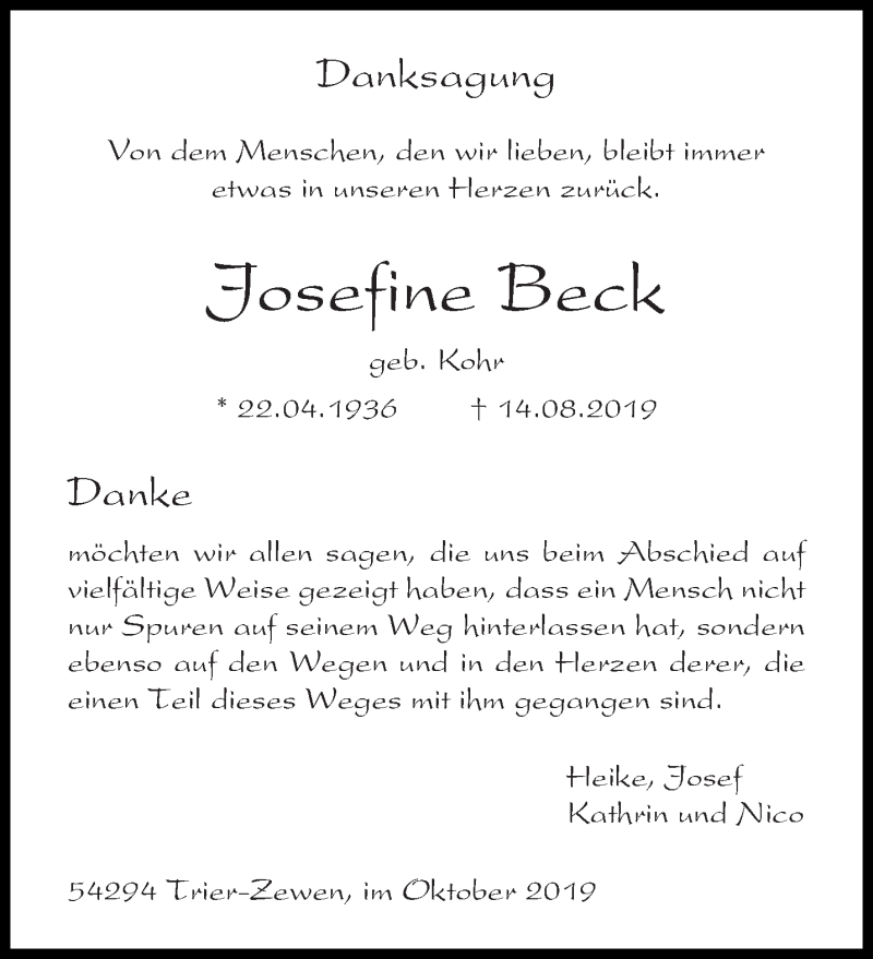  Traueranzeige für Josefine Beck vom 05.10.2019 aus trierischer_volksfreund