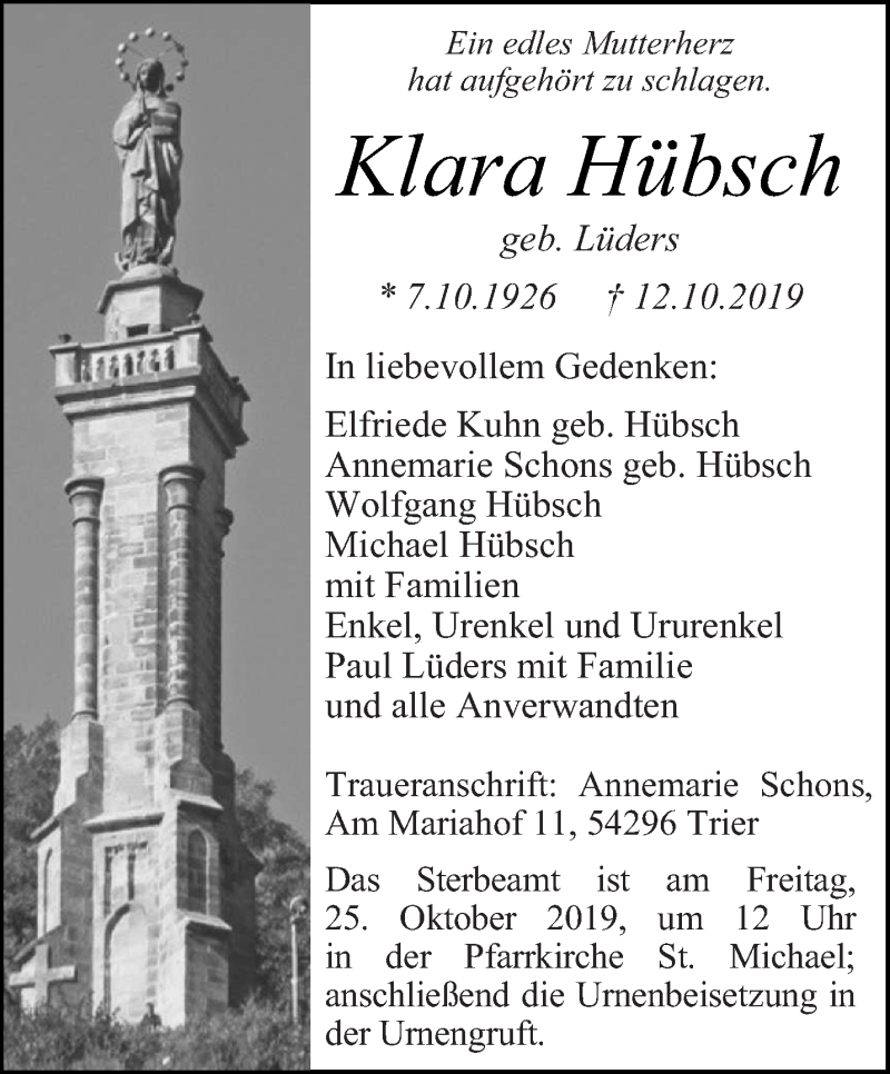  Traueranzeige für Klara Hübsch vom 19.10.2019 aus trierischer_volksfreund