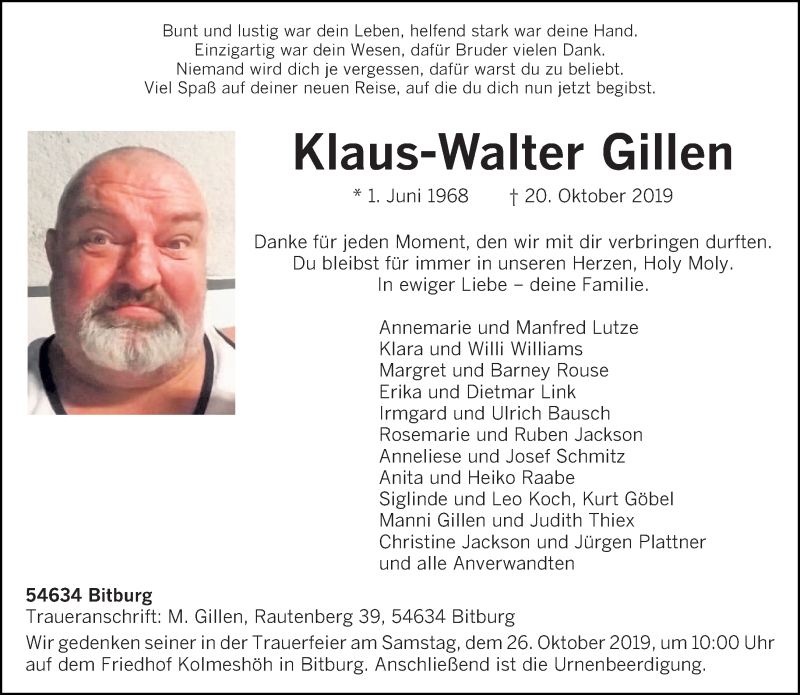  Traueranzeige für Klaus-Walter Gillen vom 22.10.2019 aus trierischer_volksfreund