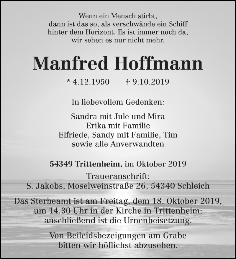  Traueranzeige für Manfred Hoffmann vom 12.10.2019 aus trierischer_volksfreund
