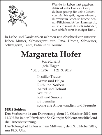 Traueranzeige von Margareta Hofer von trierischer_volksfreund