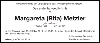 Traueranzeige von Margareta Metzler von trierischer_volksfreund