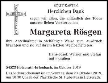 Traueranzeige von Margareta Rösgen von trierischer_volksfreund