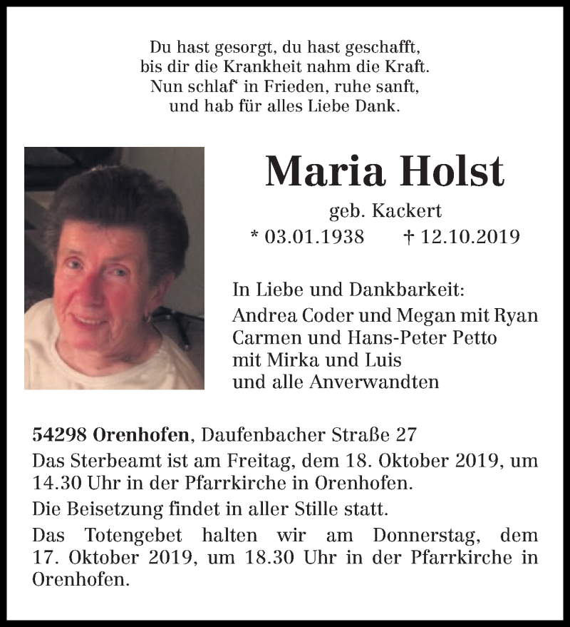  Traueranzeige für Maria Holst vom 16.10.2019 aus trierischer_volksfreund