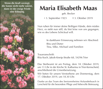 Traueranzeige von Maria Elisabeth Maas von trierischer_volksfreund