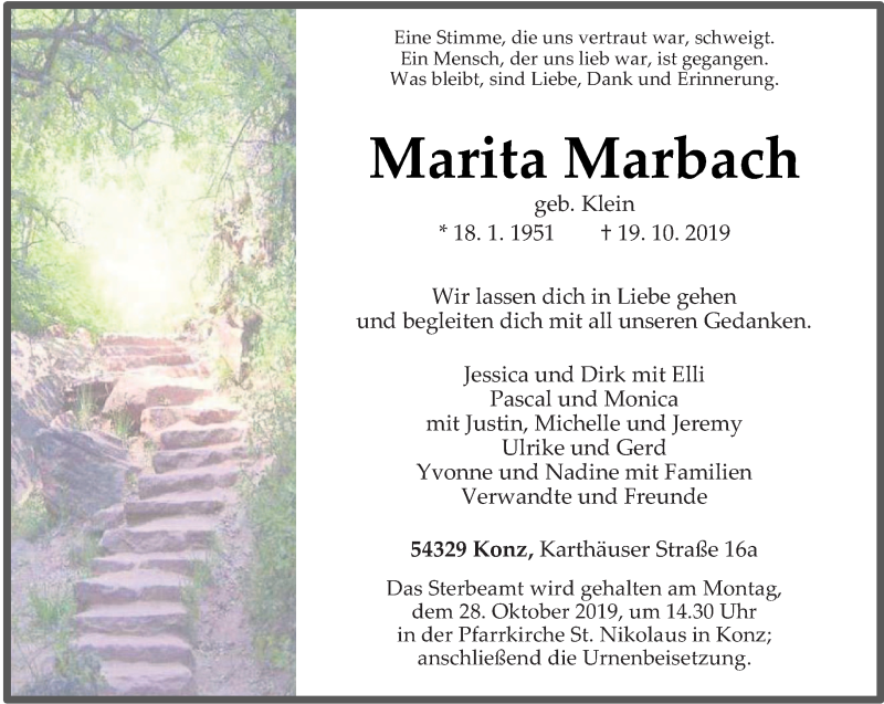  Traueranzeige für Marita Marbach vom 23.10.2019 aus trierischer_volksfreund