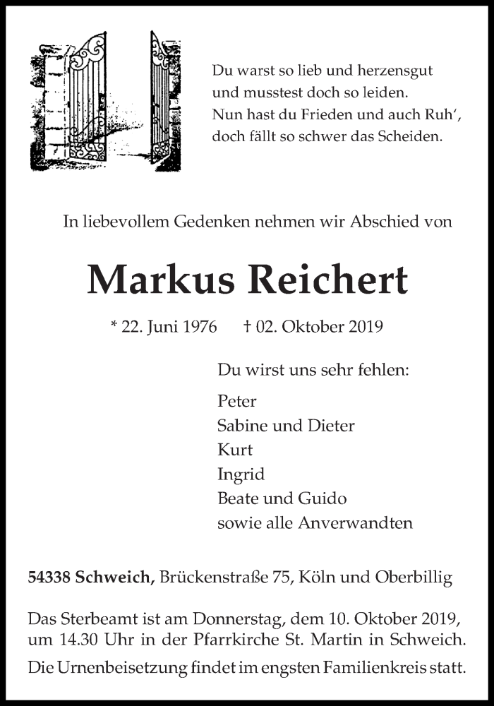  Traueranzeige für Markus Reichert vom 07.10.2019 aus trierischer_volksfreund