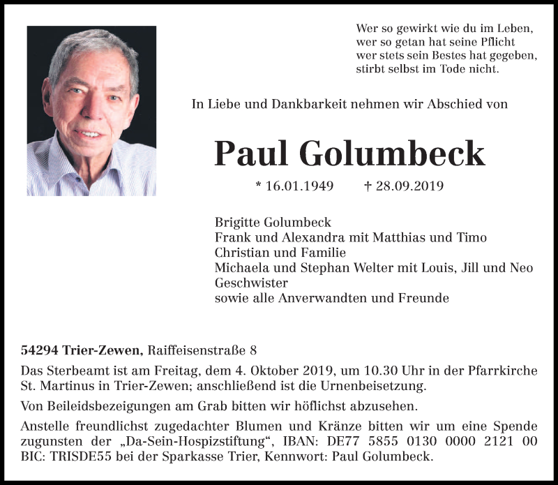  Traueranzeige für Paul Golumbeck vom 02.10.2019 aus trierischer_volksfreund