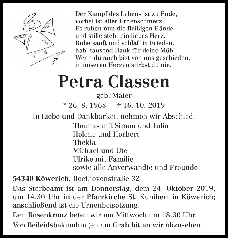  Traueranzeige für Petra Classen vom 21.10.2019 aus trierischer_volksfreund