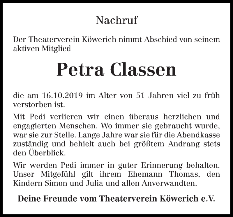  Traueranzeige für Petra Classen vom 21.10.2019 aus trierischer_volksfreund