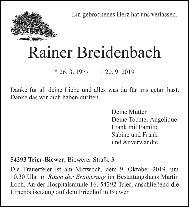  Traueranzeige für Rainer Breidenbach vom 05.10.2019 aus trierischer_volksfreund