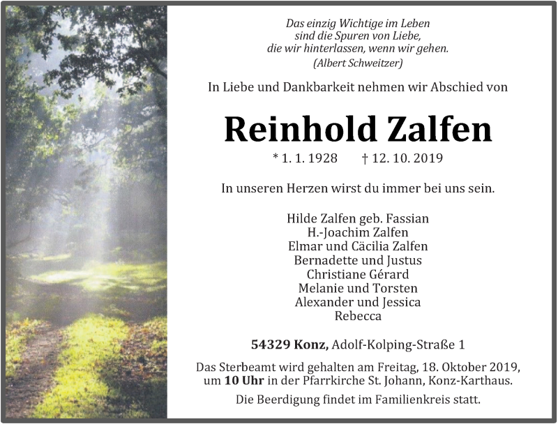  Traueranzeige für Reinhold Zalfen vom 16.10.2019 aus trierischer_volksfreund
