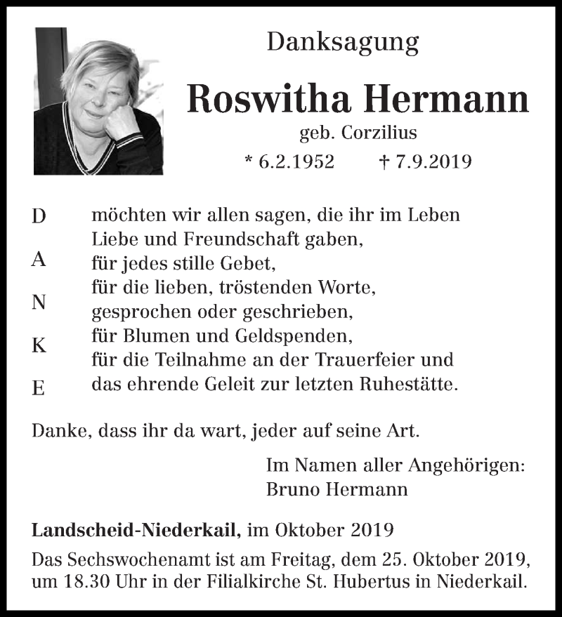  Traueranzeige für Roswitha Hermann vom 23.10.2019 aus trierischer_volksfreund