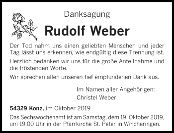 Traueranzeige von Rudolf Weber von trierischer_volksfreund