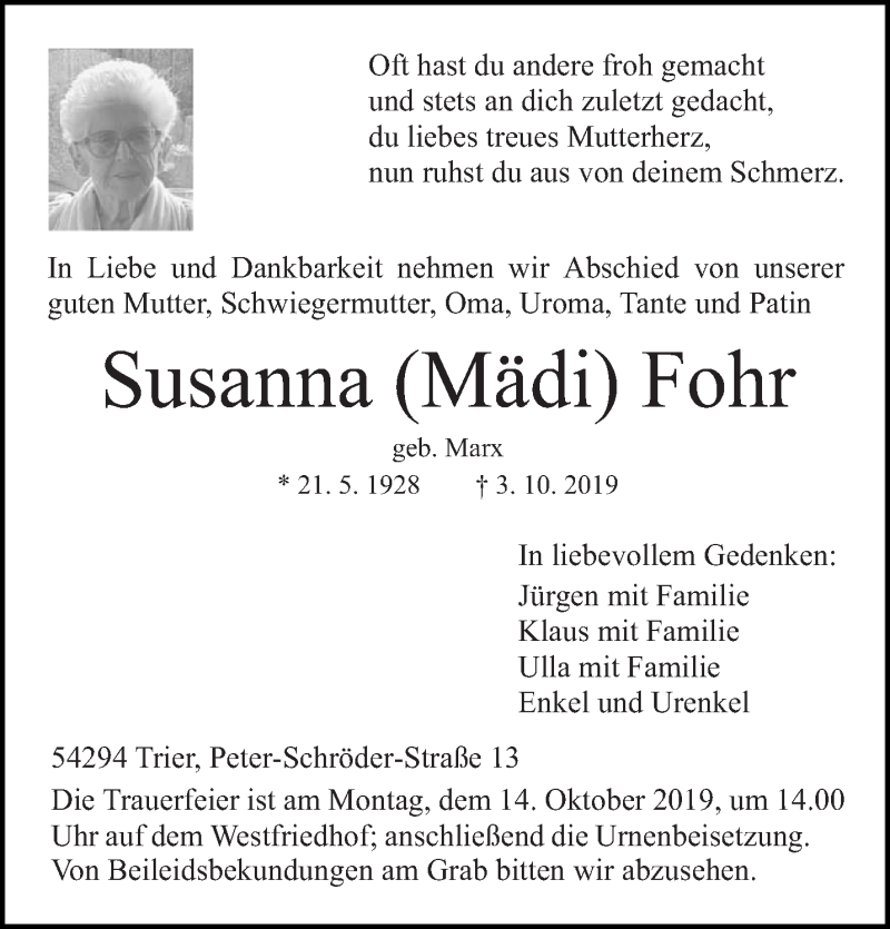  Traueranzeige für Susanna Fohr vom 09.10.2019 aus trierischer_volksfreund