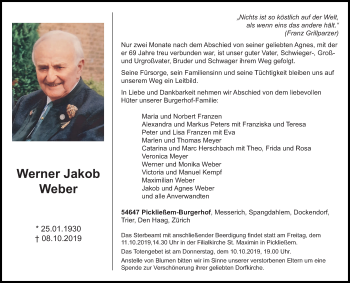 Traueranzeige von Werner Jakob Weber von trierischer_volksfreund