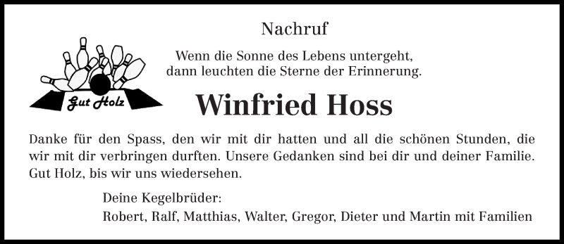  Traueranzeige für Winfried Hoss vom 08.10.2019 aus trierischer_volksfreund