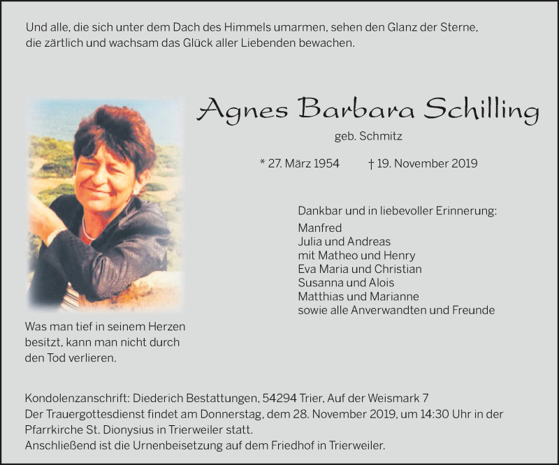 Traueranzeigen Von Agnes Barbara Schilling Volksfreund Trauer De