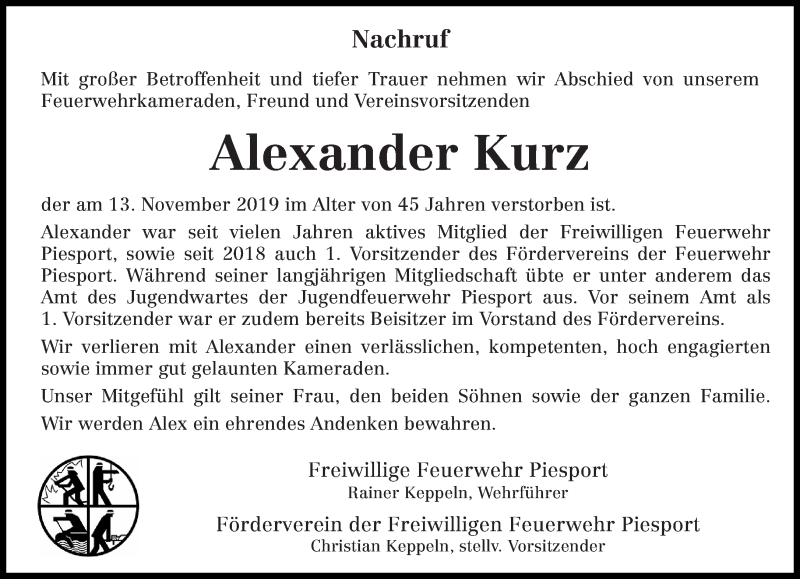  Traueranzeige für Alexander Kurz vom 19.11.2019 aus trierischer_volksfreund