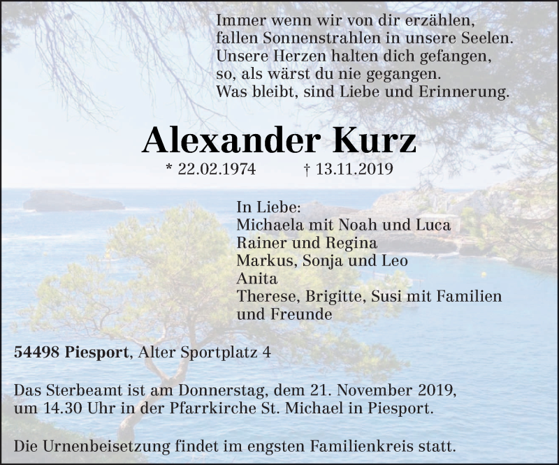  Traueranzeige für Alexander Kurz vom 19.11.2019 aus trierischer_volksfreund