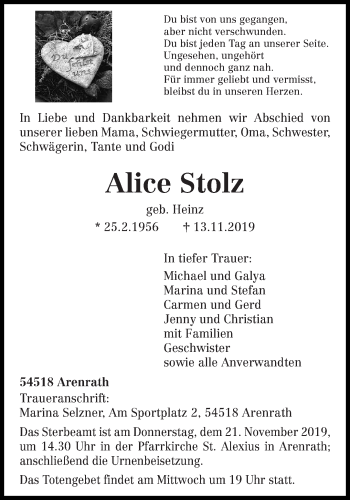  Traueranzeige für Alice Stolz vom 16.11.2019 aus trierischer_volksfreund