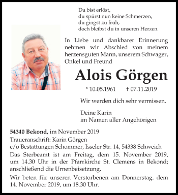 Traueranzeigen von Alois Görgen | Volksfreund.Trauer.de