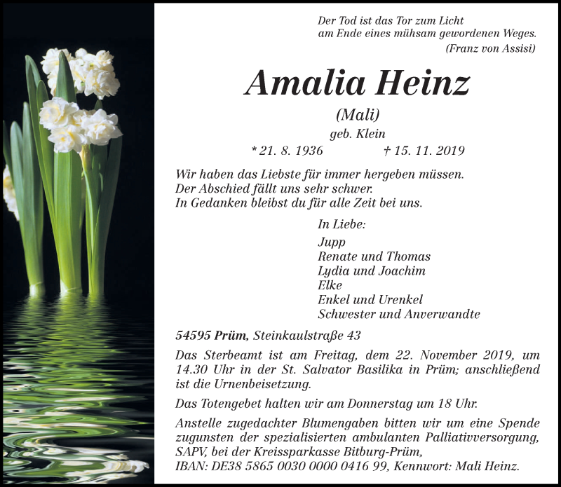  Traueranzeige für Amalia Heinz vom 19.11.2019 aus trierischer_volksfreund