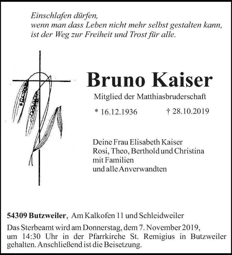  Traueranzeige für Bruno Kaiser vom 04.11.2019 aus trierischer_volksfreund