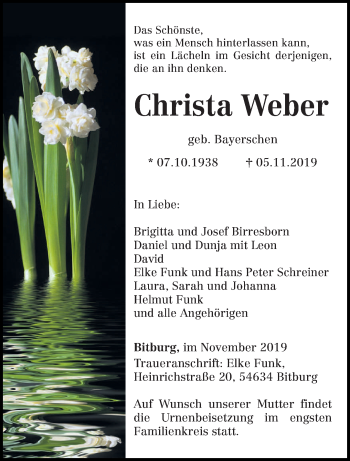 Traueranzeige von Christa Weber von trierischer_volksfreund
