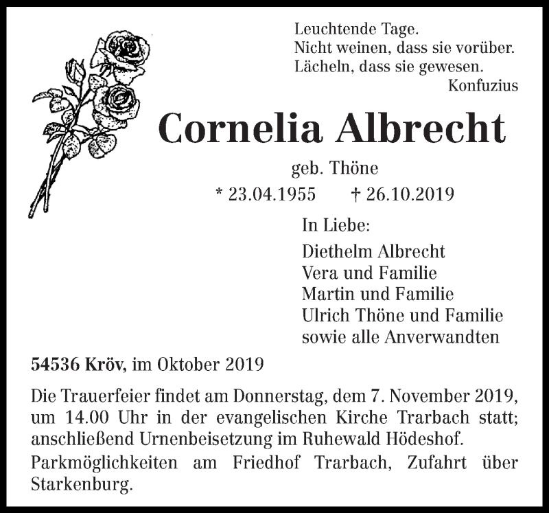  Traueranzeige für Cornelia Albrecht vom 02.11.2019 aus trierischer_volksfreund