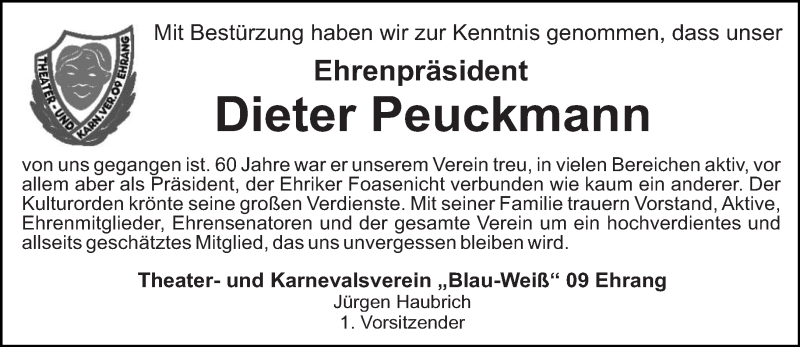  Traueranzeige für Dieter Peuckmann vom 19.11.2019 aus trierischer_volksfreund