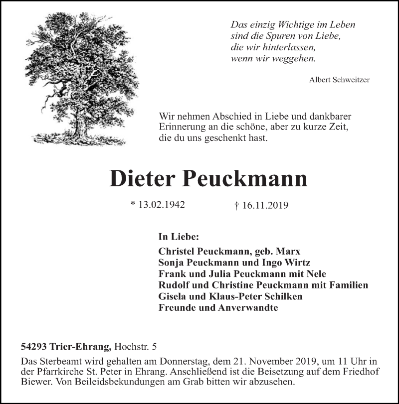  Traueranzeige für Dieter Peuckmann vom 19.11.2019 aus trierischer_volksfreund