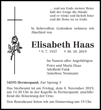 Traueranzeige von Elisabeth Haas von trierischer_volksfreund