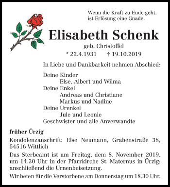 Traueranzeige von Elisabeth Schenk von trierischer_volksfreund