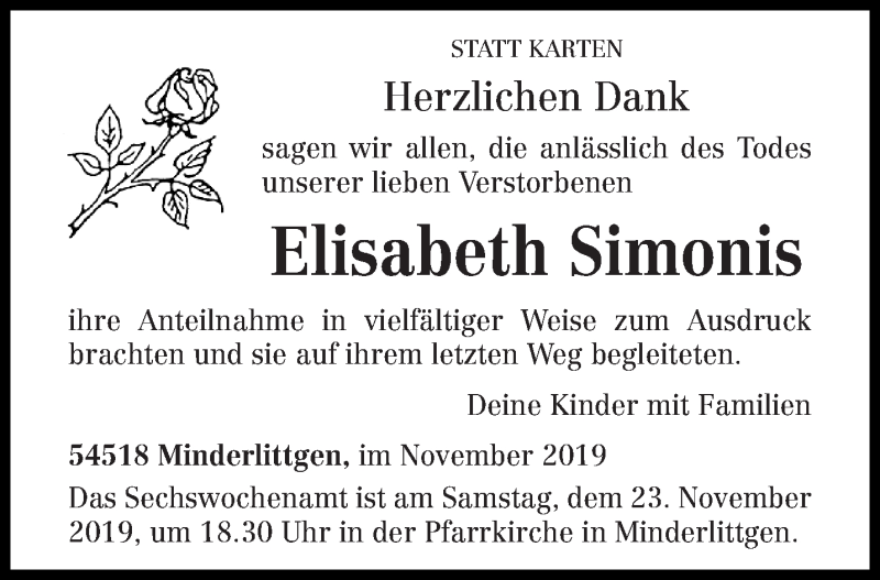  Traueranzeige für Elisabeth Simonis vom 16.11.2019 aus trierischer_volksfreund
