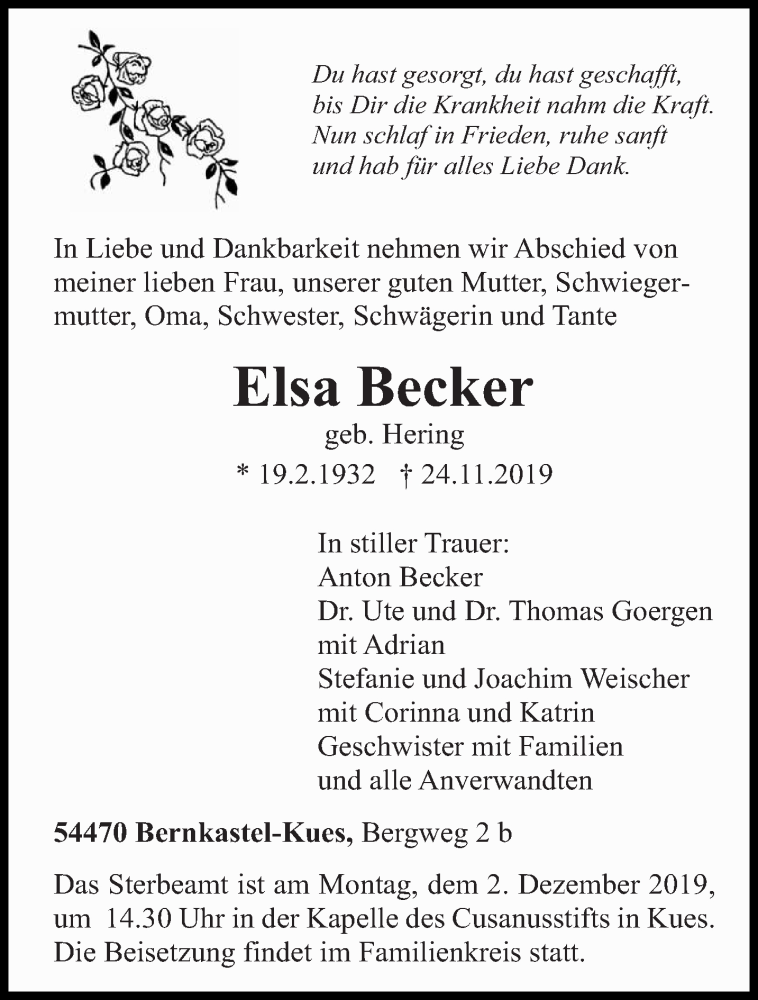 Traueranzeigen Von Elsa Becker Volksfreundtrauerde