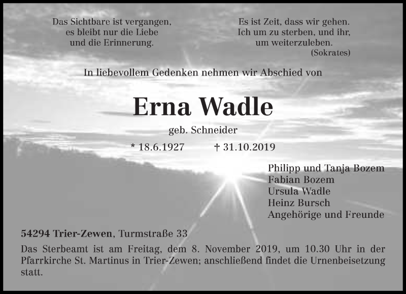  Traueranzeige für Erna Wadle vom 06.11.2019 aus trierischer_volksfreund